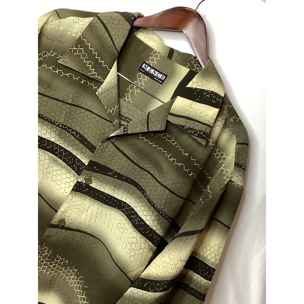 MENCH Platinum Men's Short Sleeve Button down Tan Green Shirt XL Italy New‎ York - Picture 3 of 10